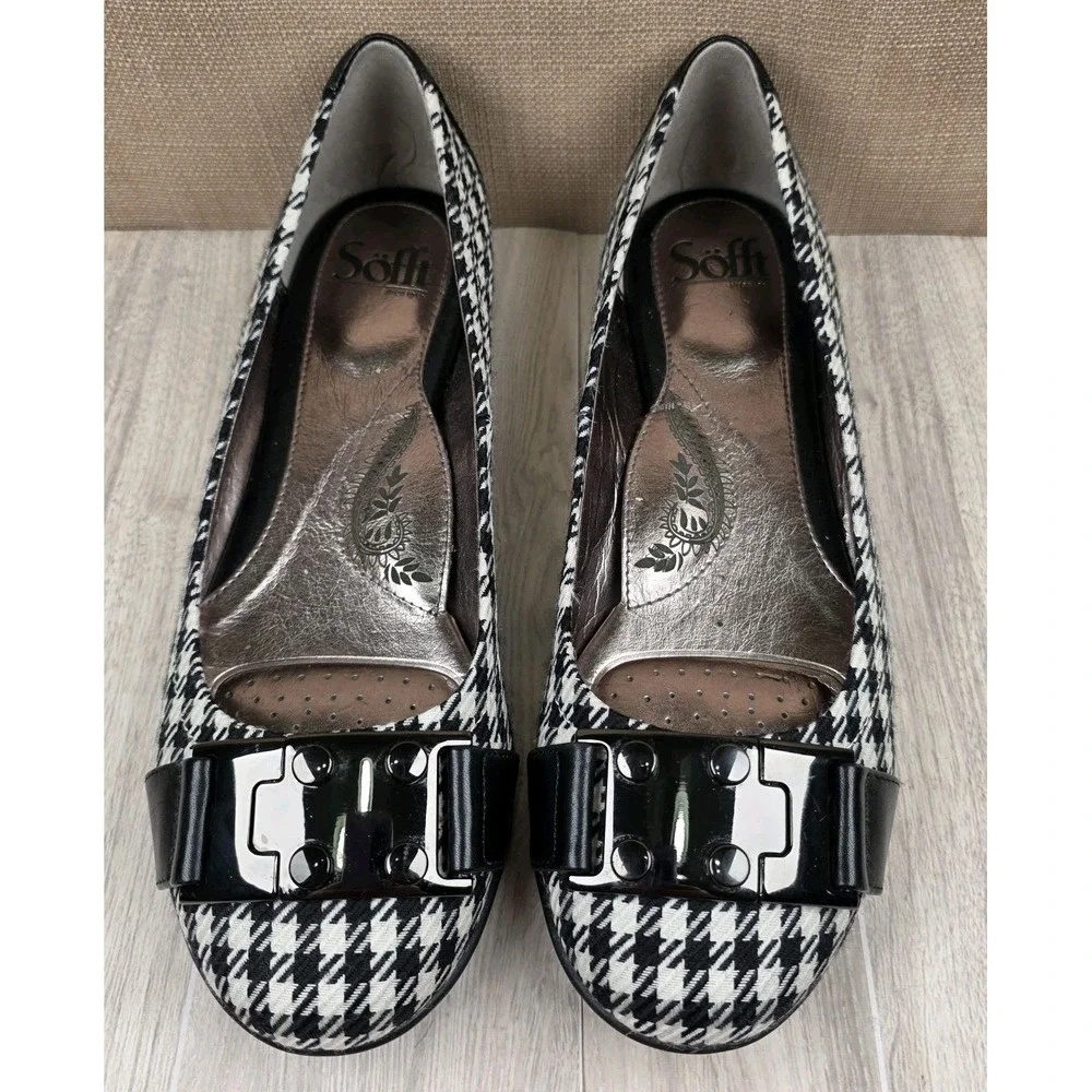 Sofft Womens Size 9M Black & White Houndstooth Buckle Slip On Ballet Flats Shoes